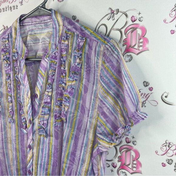 Shirt flowers ruffle details vintage Striped Purple Blouse with Floral Accents - Picture 4 of 10